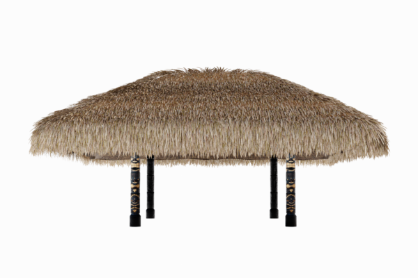 A traditional thatched Abaco Tiki Hut – 16′ X 16′ with wooden supports featuring ornate tribal patterns,, set against a white background.